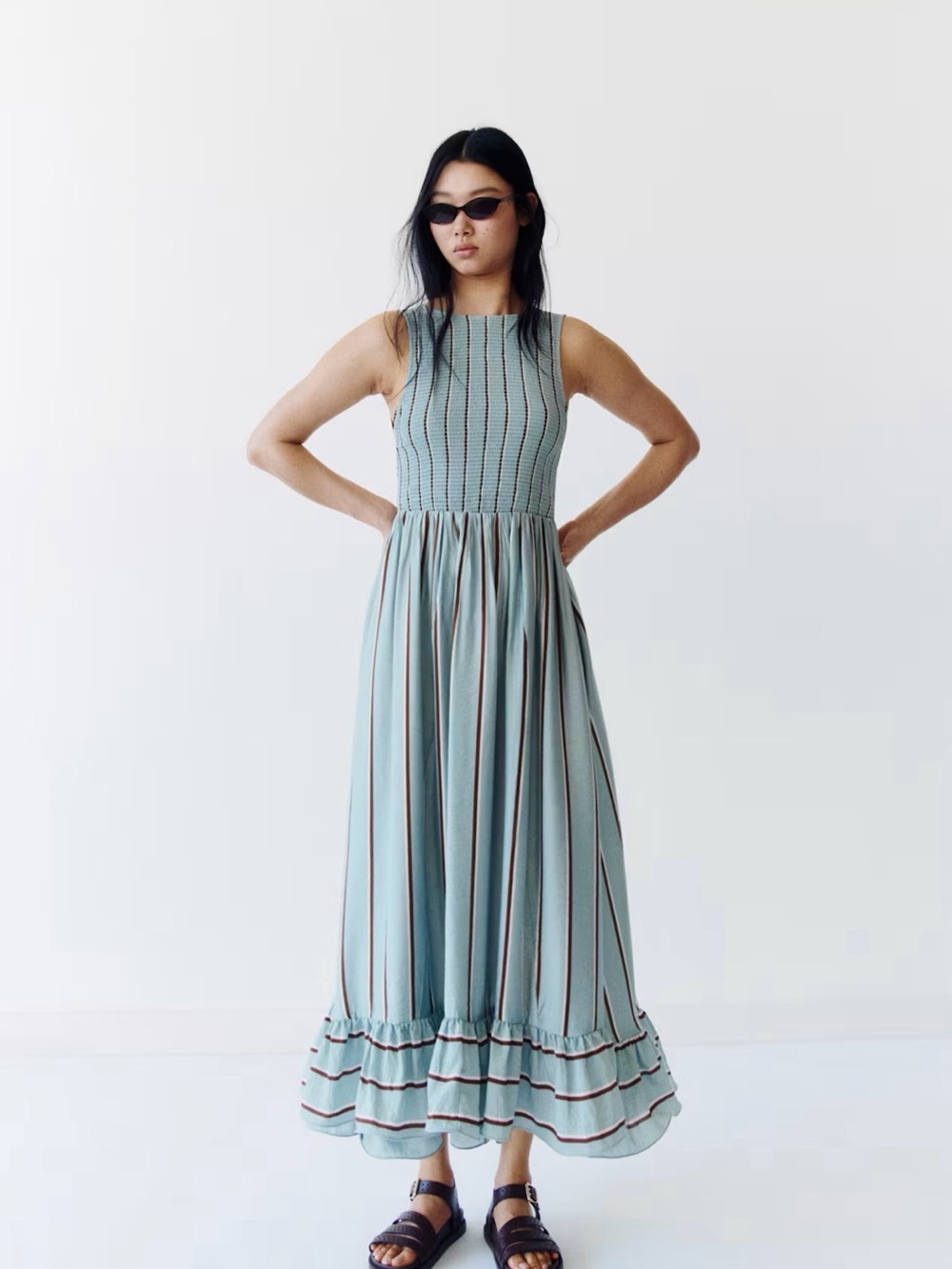H&M Mint Striped Maxi Dress with Ruffle Hem